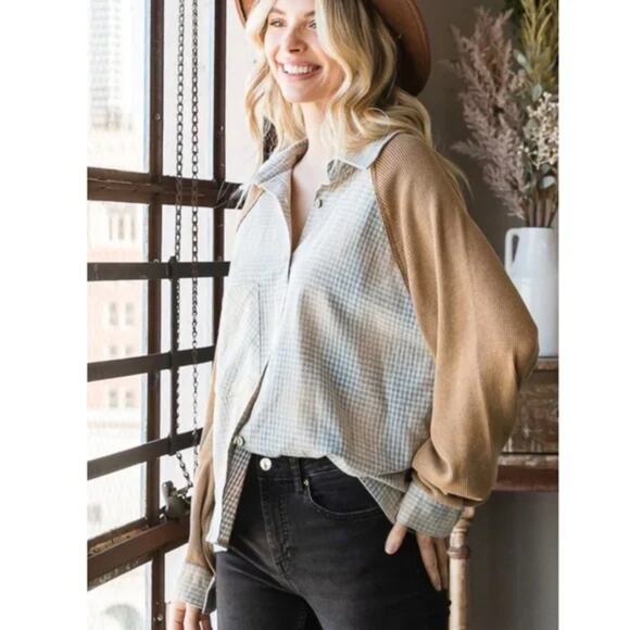 Waffle Sleeve Plaid Button-Up Top in Tan and Light Blue - Picture 6 of 11